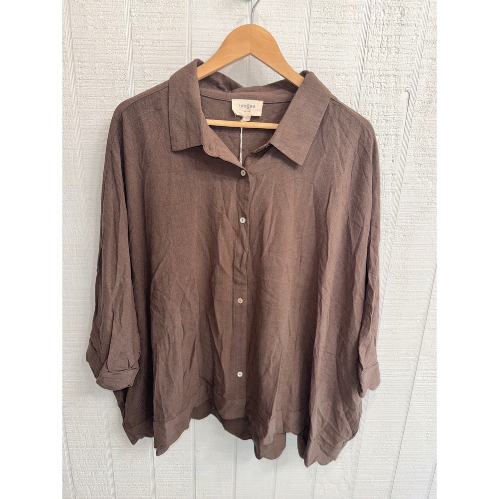 Umgee Button Down Shirt Womens Brown Linen Blend Oversized Relaxed 2XL NWT